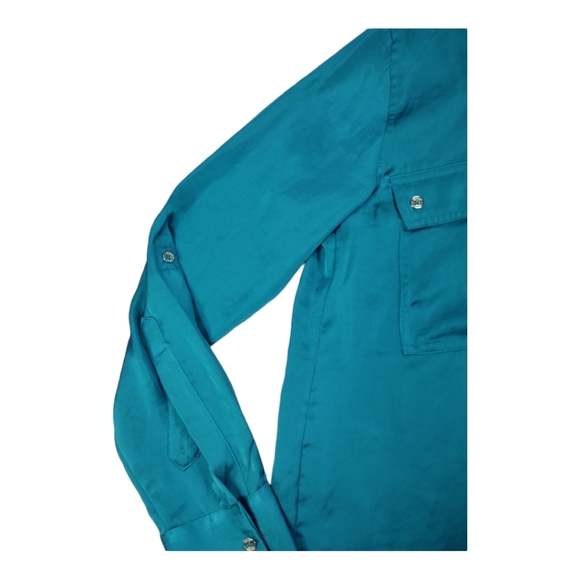 DKNY peacock colored Sz XS button up blouse Roll Up Long Sleeve Silky Feeling - Picture 9 of 15